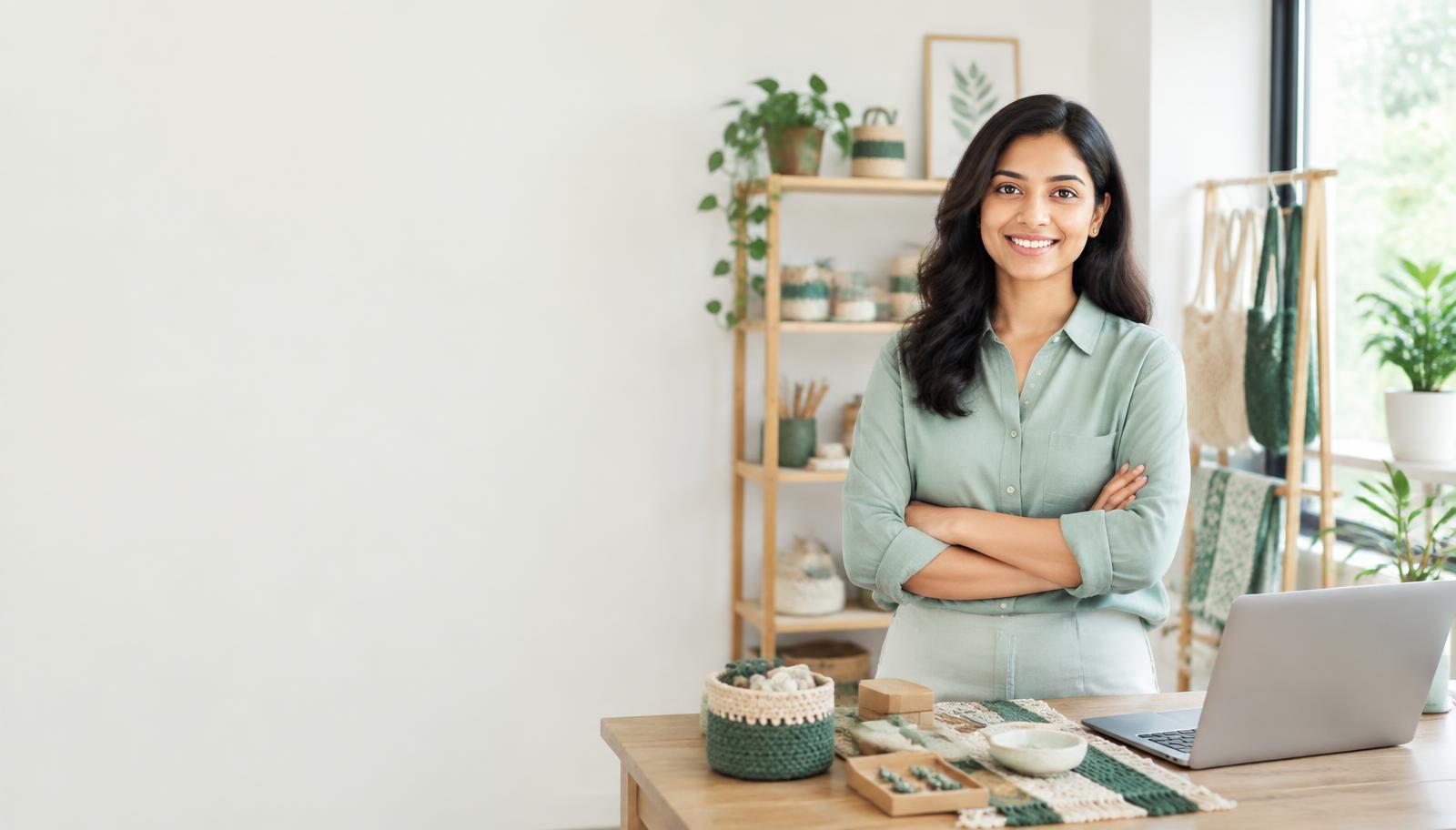 An Indian small-business owner in her bright craft studio